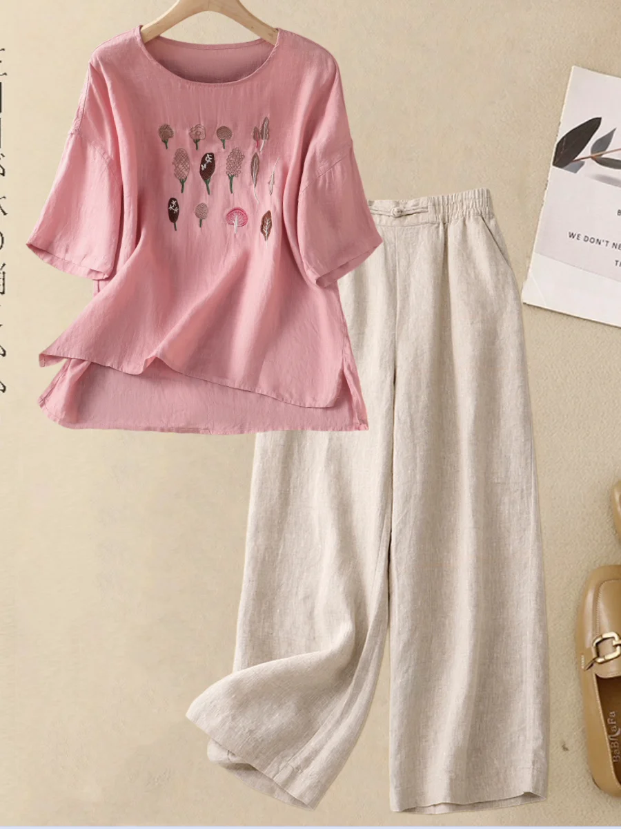

Spring Summer Large Size Fashionable Youthful Artistic Embroidered Linen Short Sleeve T-Shirt Wide Leg Pants Casual Cotton Li...
