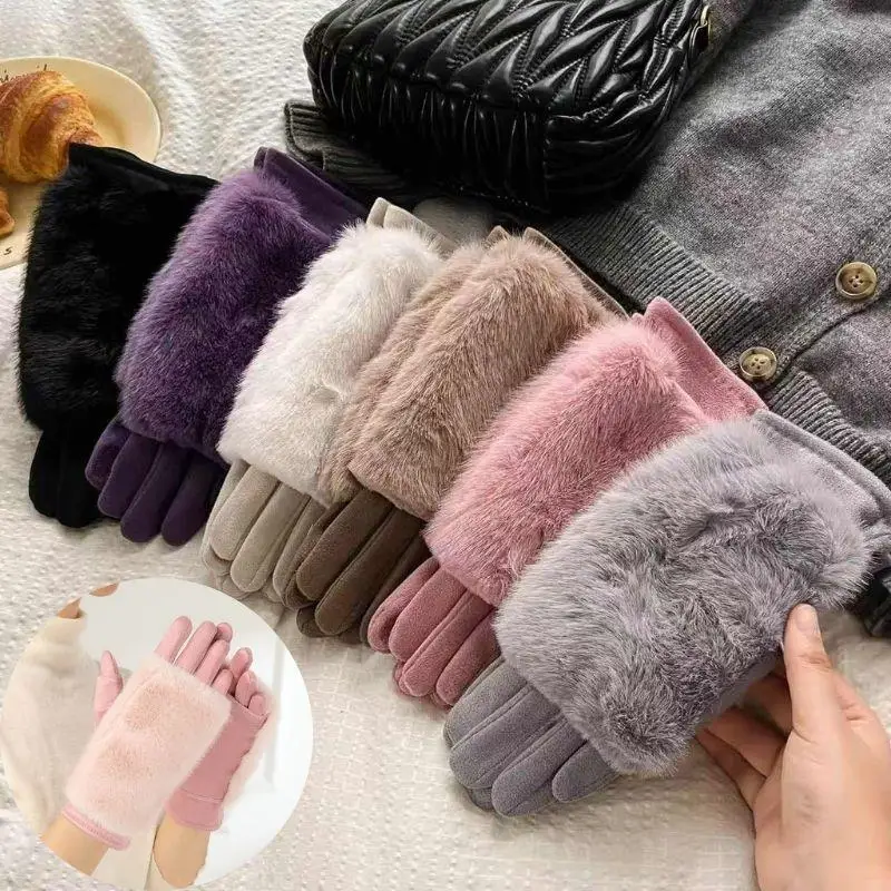 

New Double Layer Suede Fur Gloves Women Autumn Winter Thickened Windproof Warm Riding Half Finger Gloves Touch Screen Mitten
