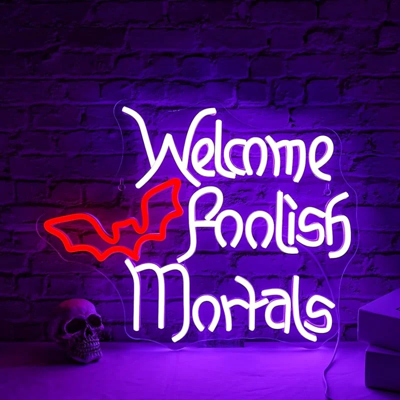 

Welcome Foolish Mortals Halloween Neon Signs Dimmable Skull LED Light Wall Art Door Decor Bedroom Outdoor Bar Shops Party Club