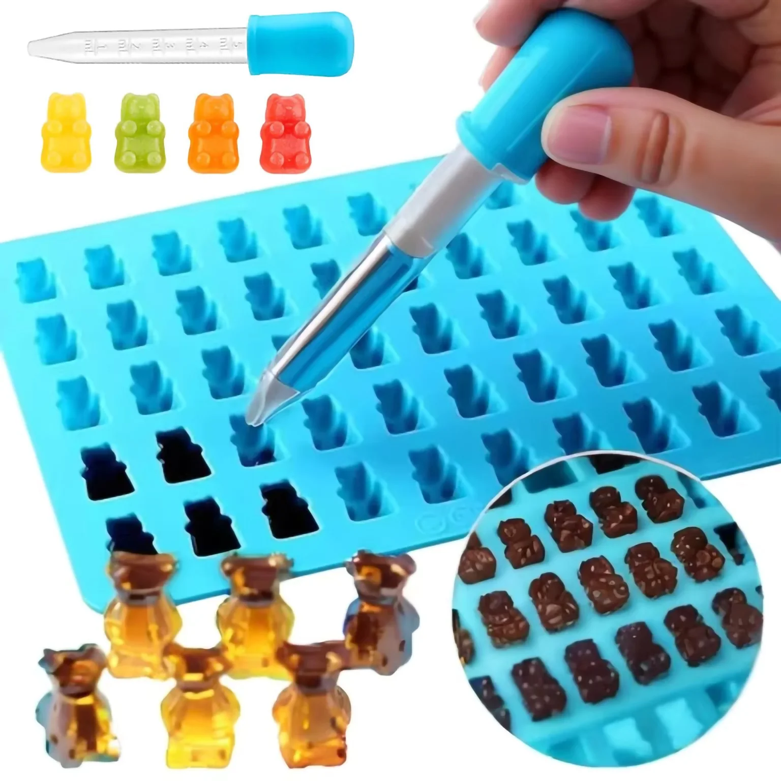 1Pcs Mini DIY Fruit Snack Gummy Bear Molds Silicone, Gummy Molds Trays with Dropper for Candy Chocolate Gummies Baking Nonstick