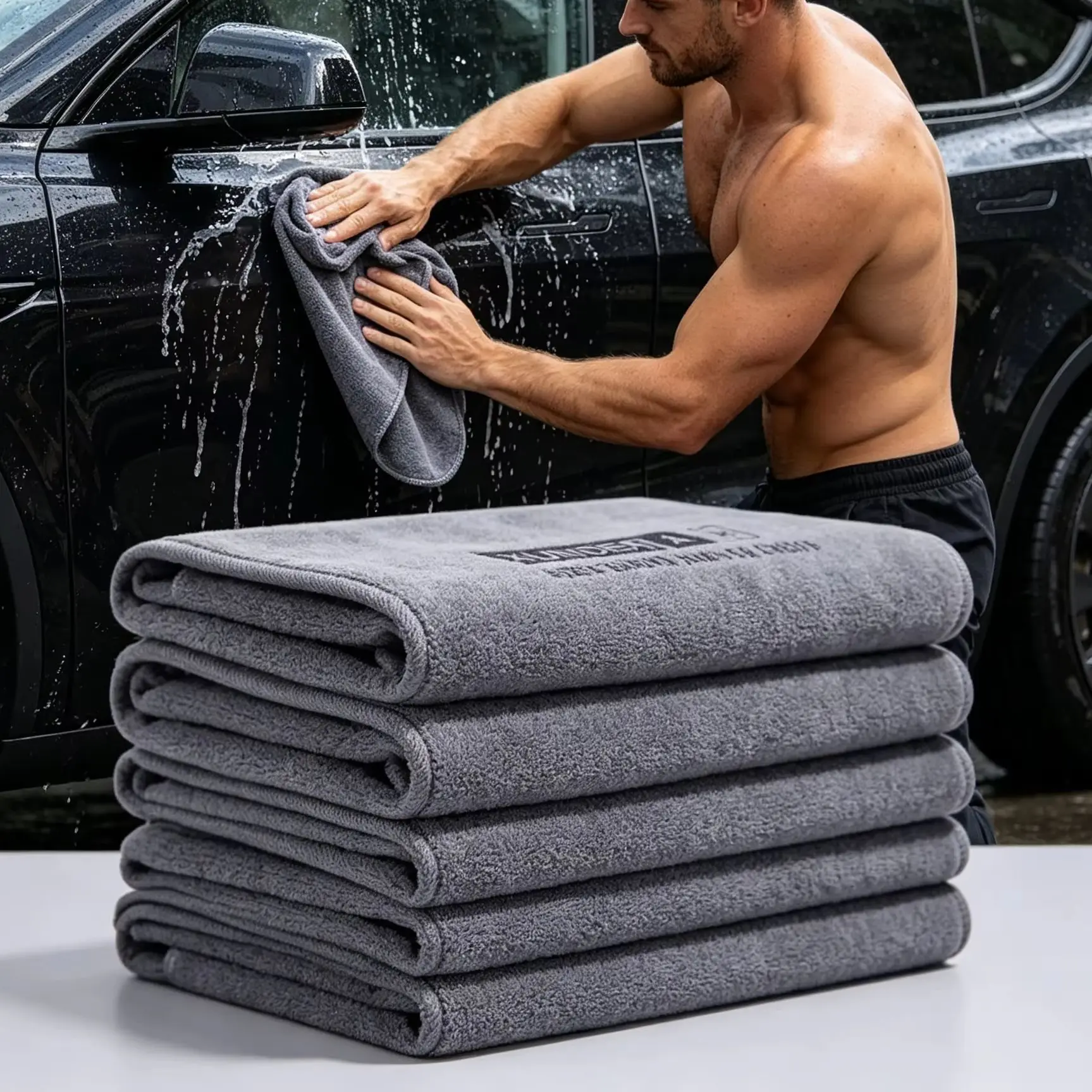 Microfiber Car Wash Towel 5 Pack 30×30cm Super Absorbent Streak Free Lint Free Quick Dry Letter Print Cleaning Towel for Motorcy