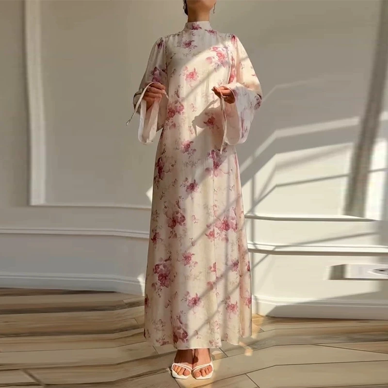 เดรสยาวพิมพ์ลายดอกไม้สไตล์โบฮีเมียนทรงหลวม แขนยาว แฟชั่นฤดูใบไม้ร่วง คอปกสูงครึ่งตัว เหมาะสำหรับวันพักผ่อน