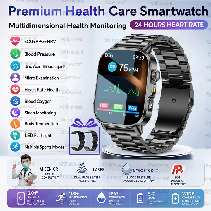 2026 Neue EKG+PPG Smartwatch für Gesundheitsdiagnose, Überwachung, Körperanalyse, Blutdruck, Lipide, Harnsäure – Gesundheits-Smartwatches für Herren
