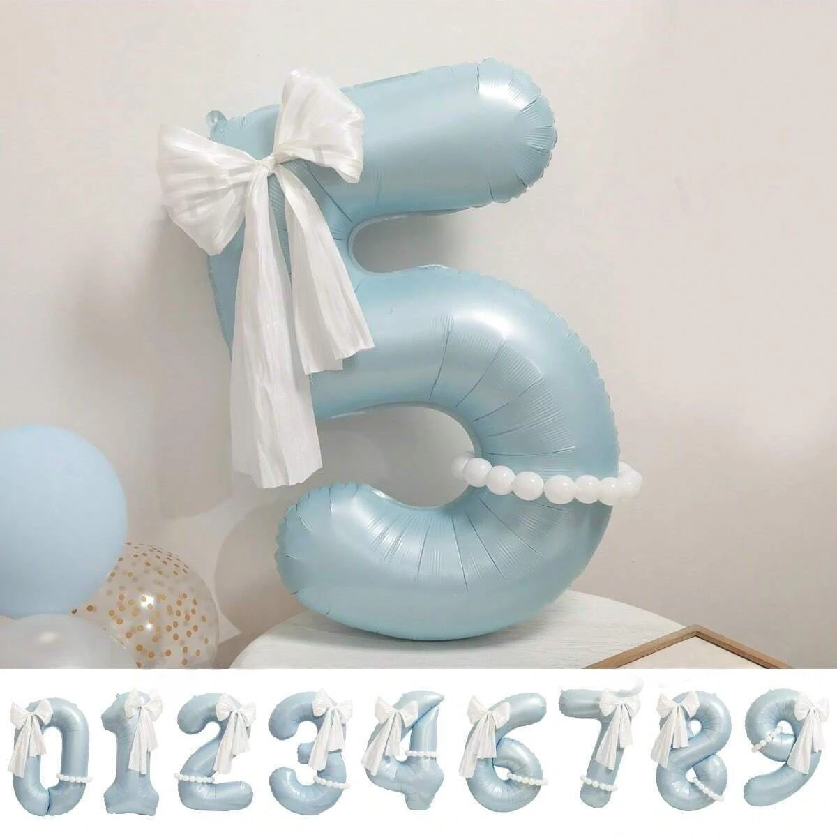40 Zoll matte hellblaue Luftballons mit großer Zahl 0-9 mit übergroßer Schleife, Perlen-Design, Geburtstag, Alter, Foto-Requisiten, Party-Dekorationen