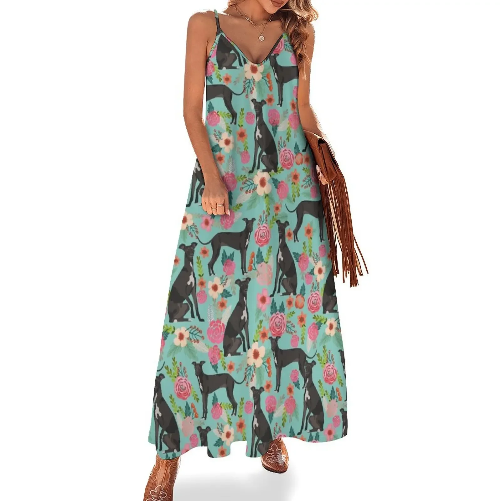 

Italian Greyhound pet friendly pet portraits dog art custom dog breeds floral dog pattern by PetFriendly Sleeveless Dress