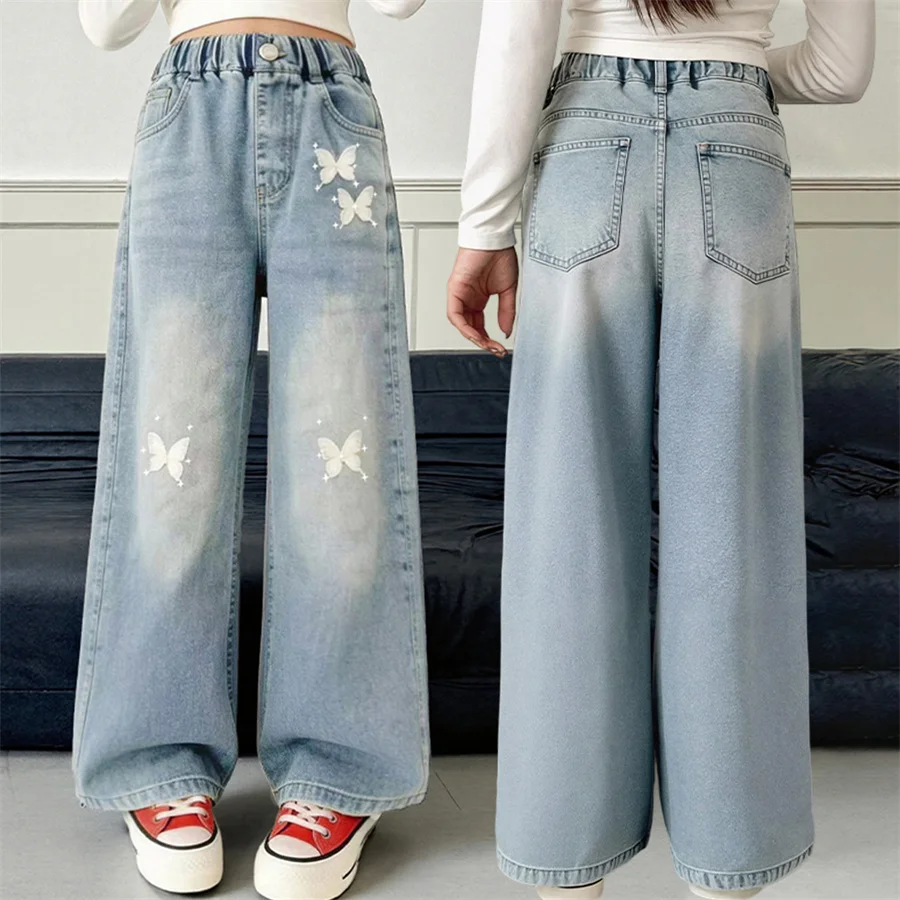 

Girls Spring Straight Fit Jeans with Butterfly Pattern Kids Wide Leg Pants For Child Casual Clothes Trousers 5 7 9 11 13 14 Year