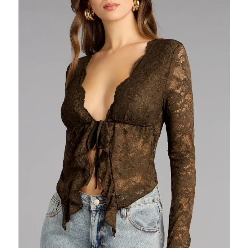 Y2k Damen-Spitzen-Langarmbluse, tiefer V-Ausschnitt, Krawatte vorne, Ausschnitt, bauchfreies Top, schmal, durchsichtig, Blumendruck, sexy, trendig, lässig, Streetwear