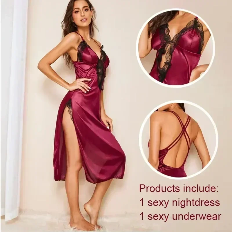 The New Nightgown Female Summer Ice Silk Sexy Can Wear Thin Long Sleeve Korean Version of The Robe with Halter Home Wear