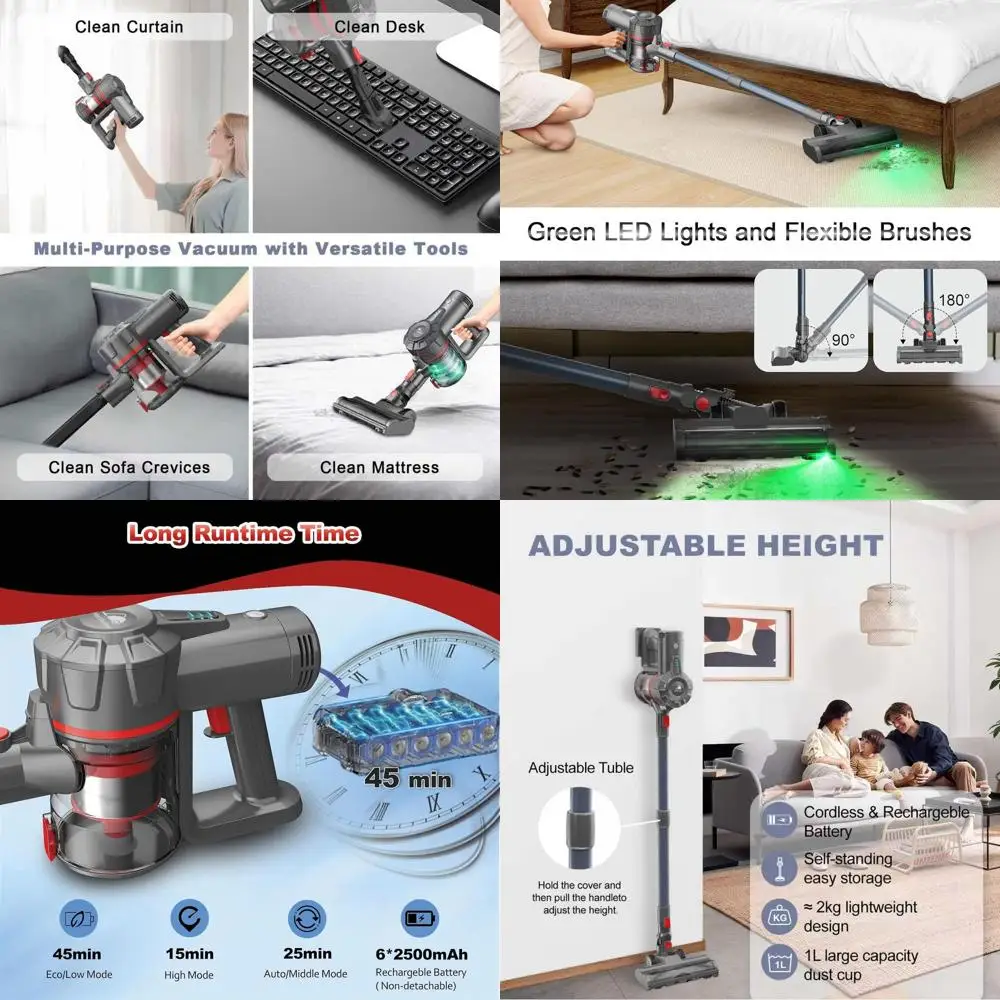 

Powerful Cordless Stick Vacuum: 45 Mins Run, LED Lights, 6-in-1 Pet & Hard Floor Cleaner
