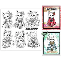 1szt Kimono Cat Clear Stamps for Cards Making Japanese Style Cat Clear Stamp Seals 5.91x5.91inch Transparent Stamps for DIY