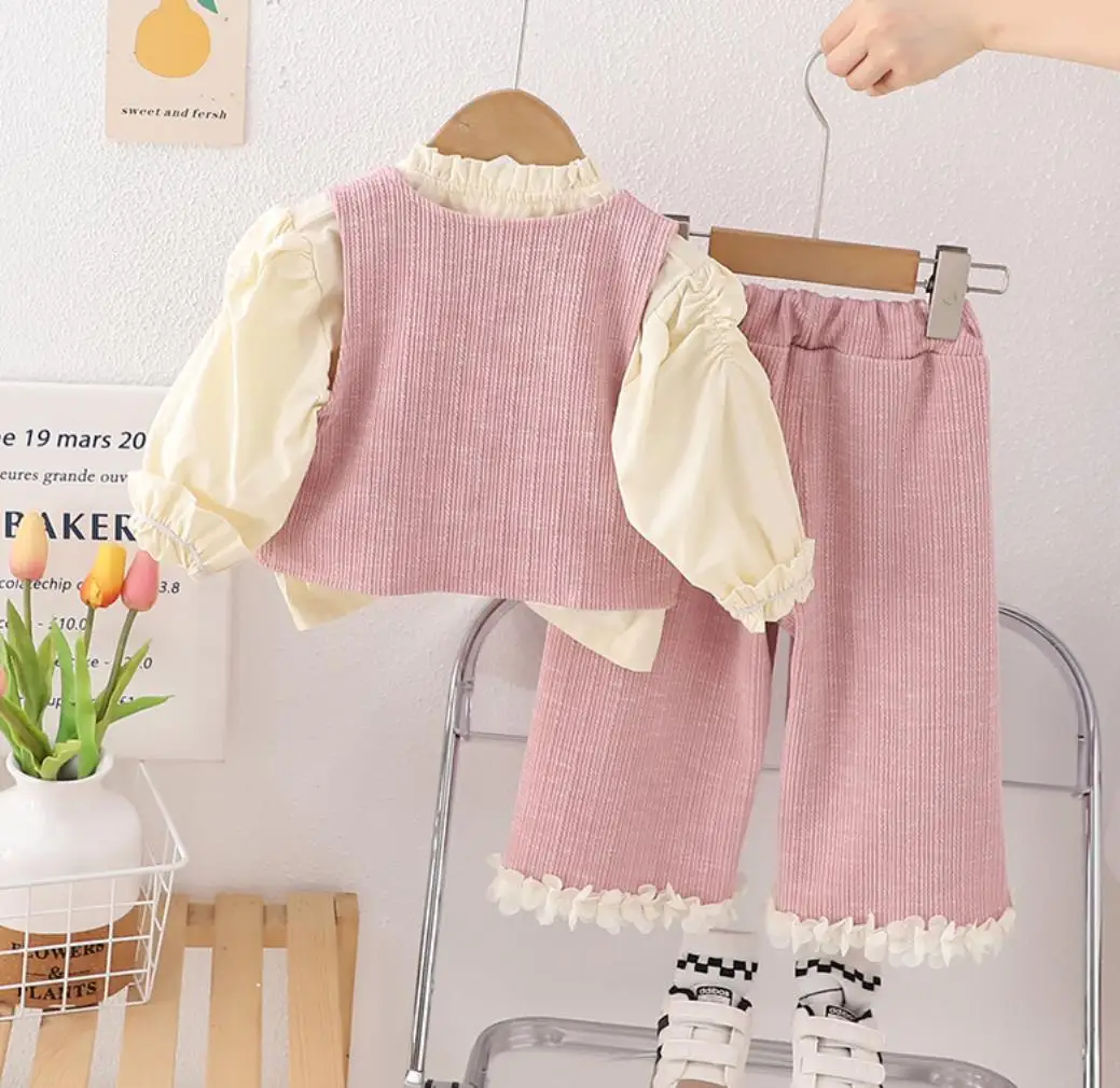 Foreign Autumn Outfits For Girls Baby Clothes Lace Double Pocket Vests+Shirts+Pants 3PCS Kids Sets Toddler Children Costume