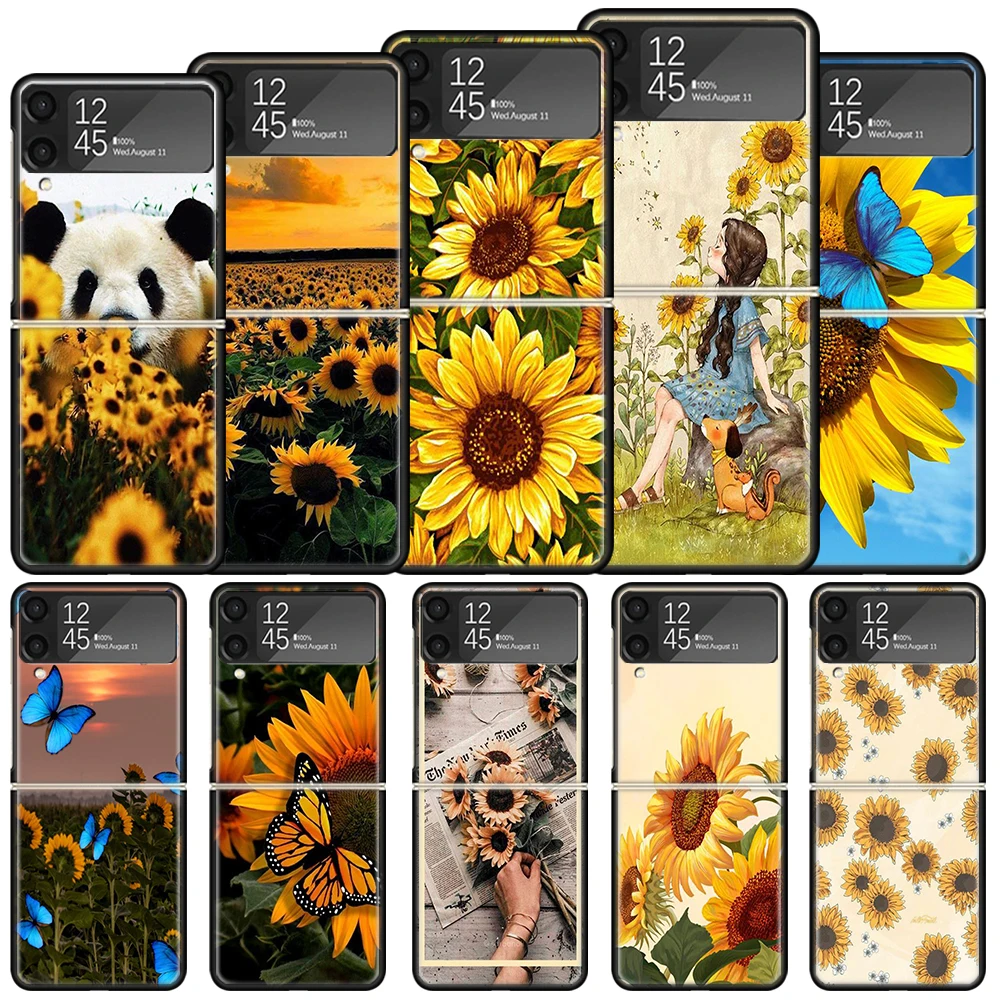 Beauty Yellow Sunflower Print Shockproof Hard Case For Samsung Galaxy Z Flip 6 5 4 3 5G Phone Cover Z Flip3 Flip4 Flip5 Flip6 Bl