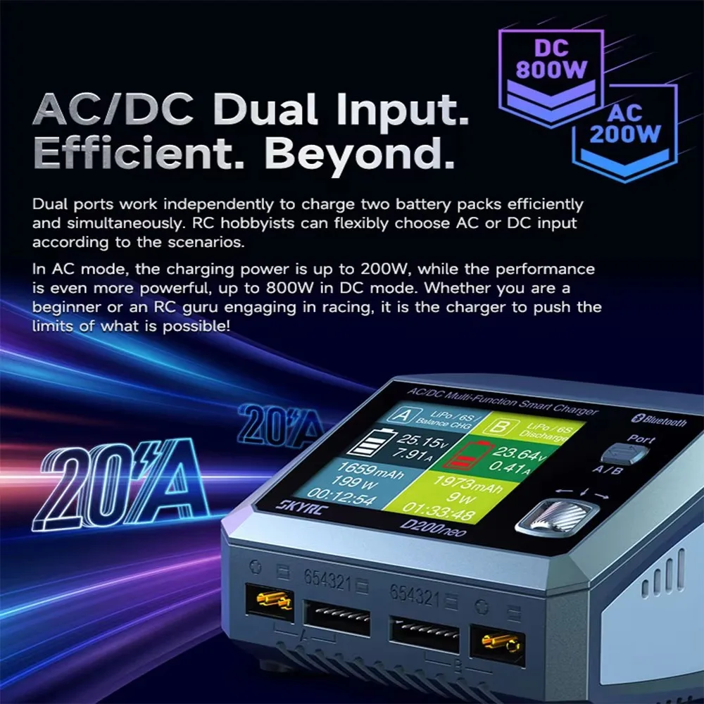 SKYRC D200neo Charger AC 200W DC 800W 1-6S Lipo Battery Balance Charger Discharger Multi-Function Smart Charger