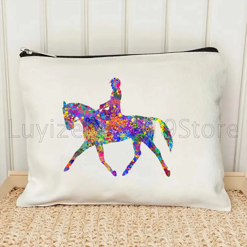Equestrian Barrel Racing Rider Horse Vaulting Riding Polo Player Canvas Cosmetic Bag Makeup Toilet Bag Pencil Case Zipper Pouch