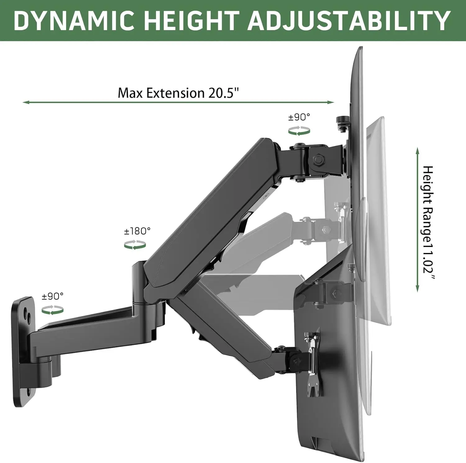 

Double Monitor Wall Stand for Two 17-32 inch Flat Computer Screens, Height Adjustable Gas Spring Mounted Bracket Arms