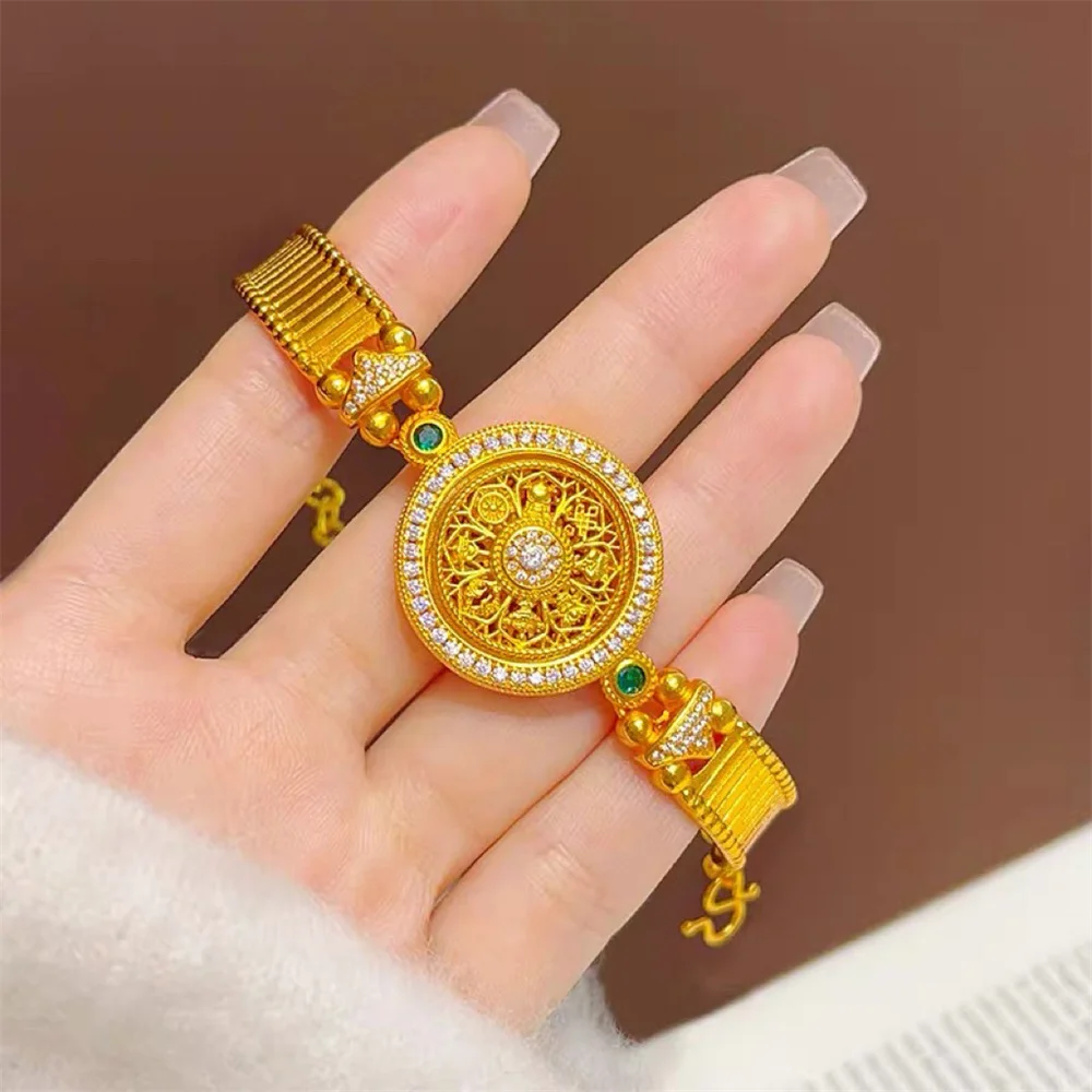 Elegant Retro Compass Unisex Bracelet, 14K Gold Plated Stainless Steel Inlaid Green & White CZ, Daily Wear Jewelry
