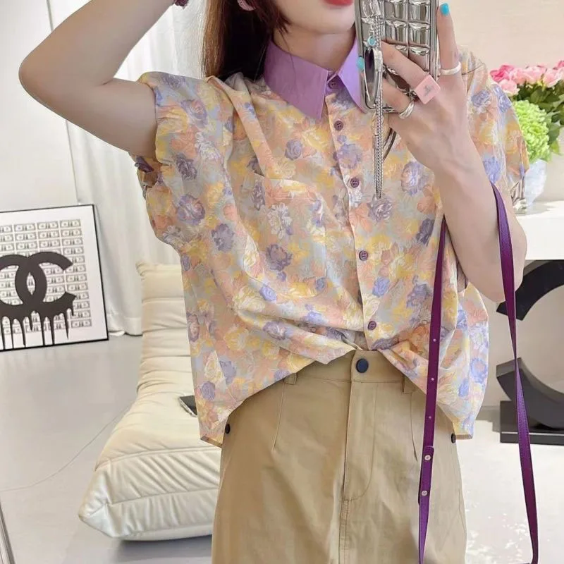 

Summer New Women's Shirt Spliced Color Polo-Neck Button Printed Fashion All-match Loose Preppy Style Puff Sleeve Shirt Tops