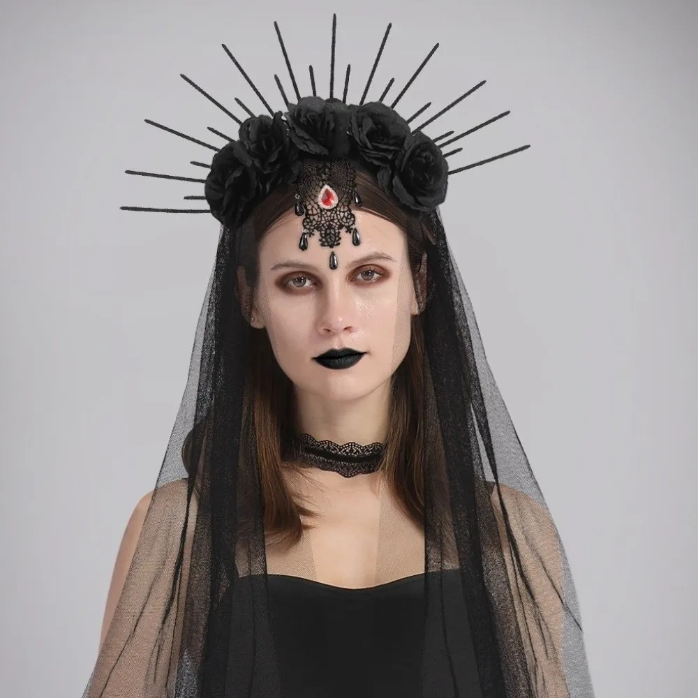 Ретро сетчатая повязка на голову на Хэллоуин со стразами, вуаль розы, повязка на голову, Корона, готическая повязка для волос невесты, декор на Хэллоуин