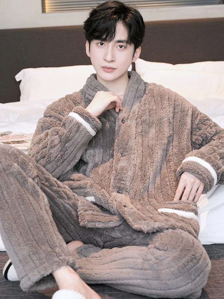 Thick Coral Fleece Pajamas Men's Autumn Winter Long Plush Casual Large Size Outdoor Wearable Flannel Home Clothes Set
