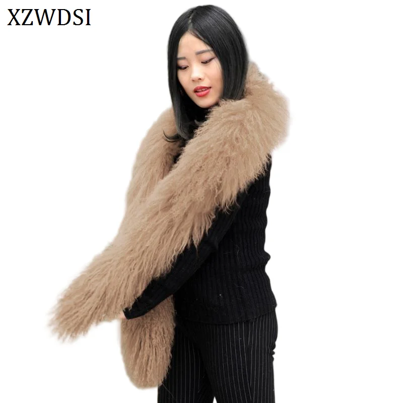

Long Tan Wool Real Lamb Fur Scarf Wrap Warm Plush Winter Fashion Accessory for Girls
