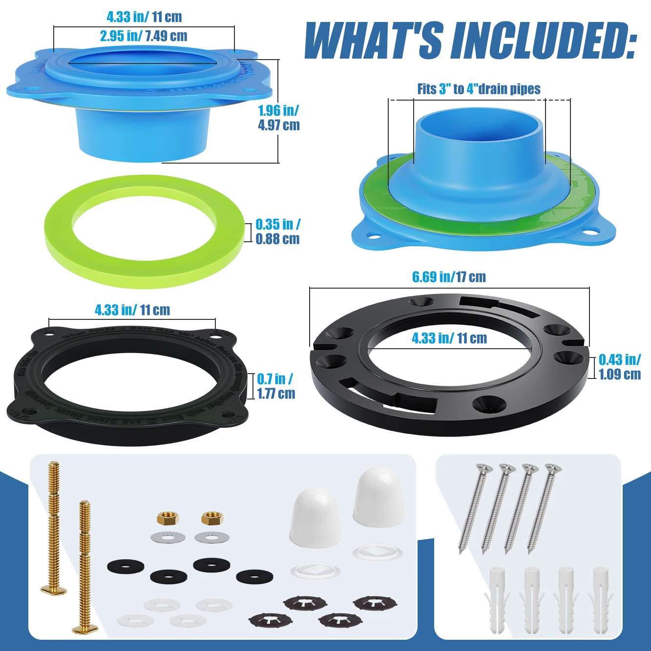 Toilet Flange Repair Kit with Flange, Wax Ring, Hardwares and Bolt Caps, 1Pack, Blue