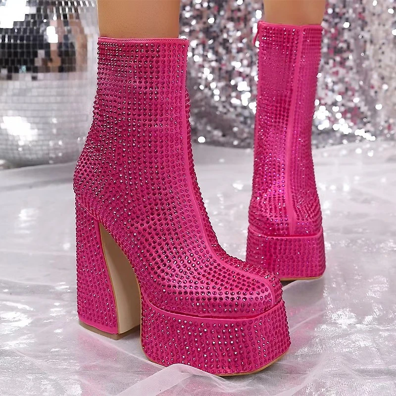 

Ladies Fashion Boots Ultra-high Heels 14cm Rhinestone Luxury Platform Women Short Boots Nightclub Party Model Sexy Bottes Hautes