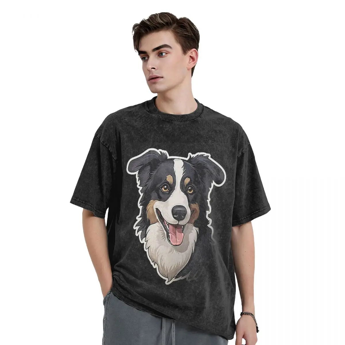 Border Collie Washed T Shirts Oversized Short Sleeve Hip Hop T-Shirt Streetwear Tops Tees for Men Women