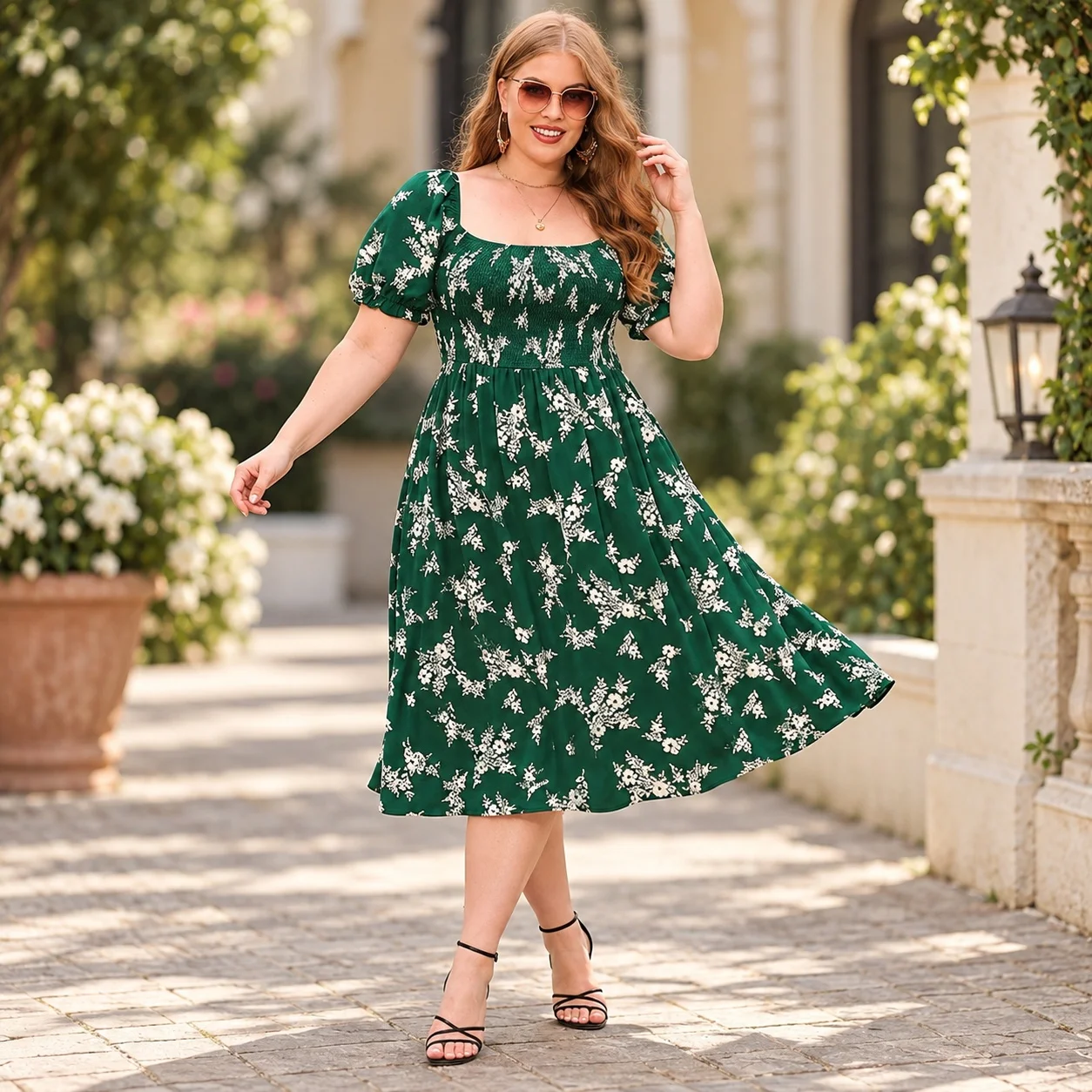 Printed Pleated a Line Dress with High Waist Short Sleeves Flared Sleeves Elegant Commuter Chic Summer Dresses for Women