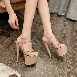 2024 Summer Women's Sandals Sexy Waterproof Platform T-strap Combination Patent Leather High-heeled Sandals Nightclub Shoes