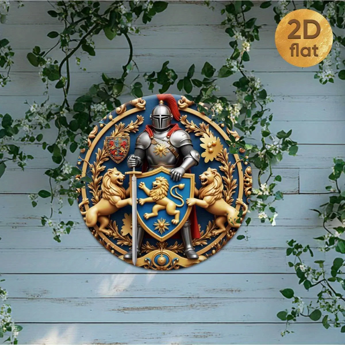 2D Flat - A Single Piece of 2D Flat-Printed Metal Sign Featuring a Sophisticated Medieval Knight'S Iron Wall Shield, Measuring 7