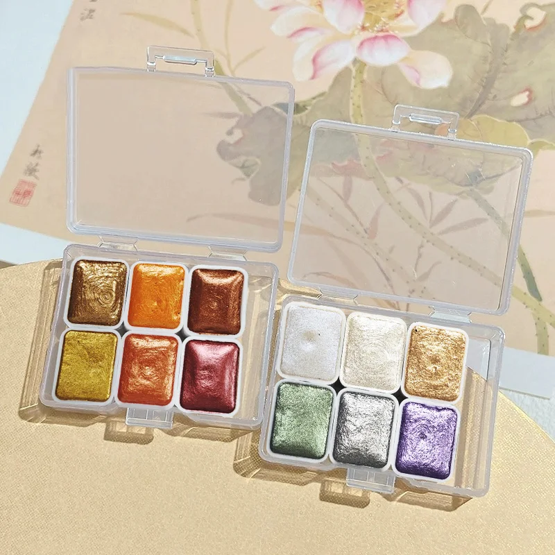 6 Colors Metalic Pearlescent Watercolor Gold Powder Pigment Student Painting Pearlescent Powder Gouache Pigment With Flash Solid