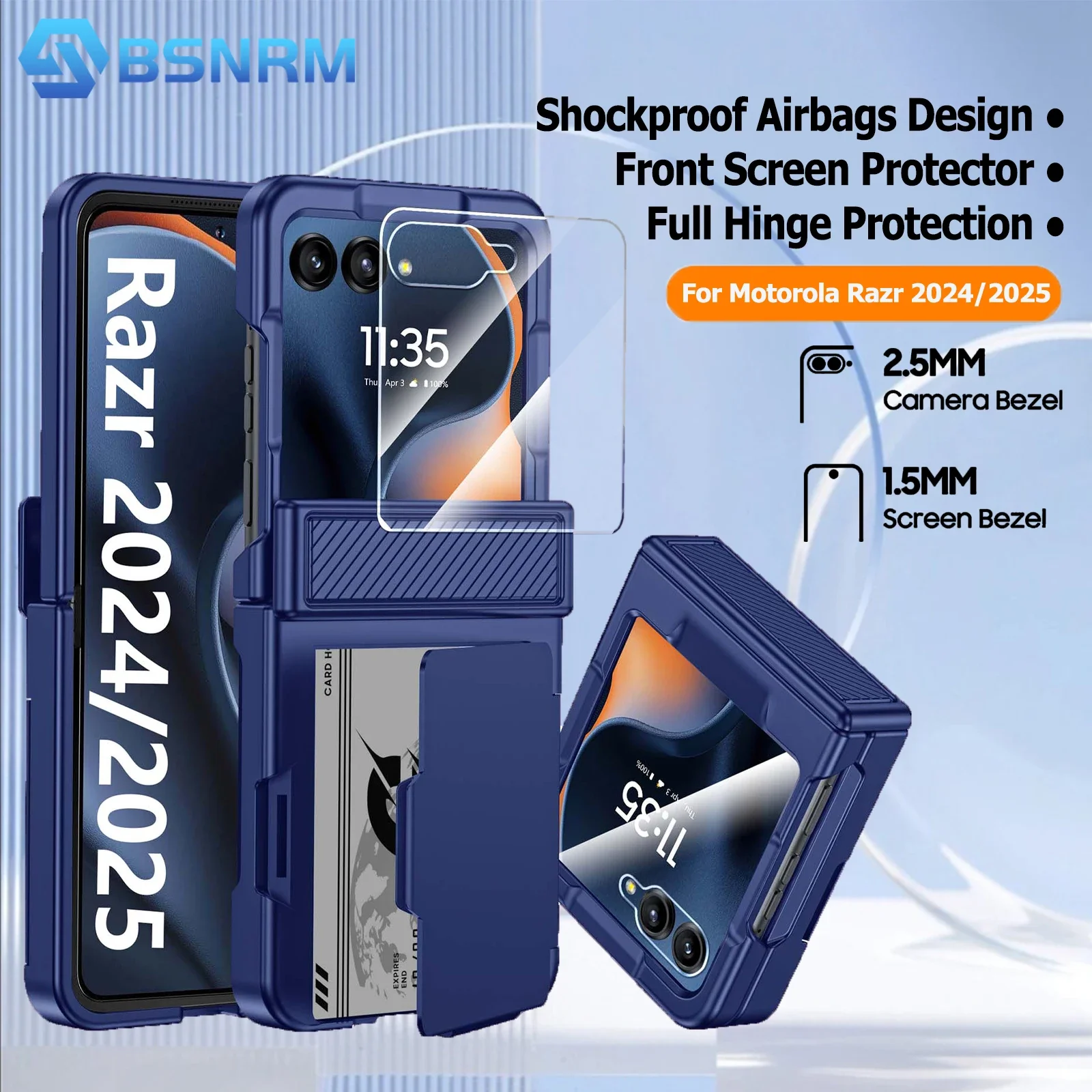 

For Motorola Razr 50 2024/Razr 60 2025 Wallet Case,Hinge Protection And With Card Clip,RFID Shielding and Screen Protector-Blue