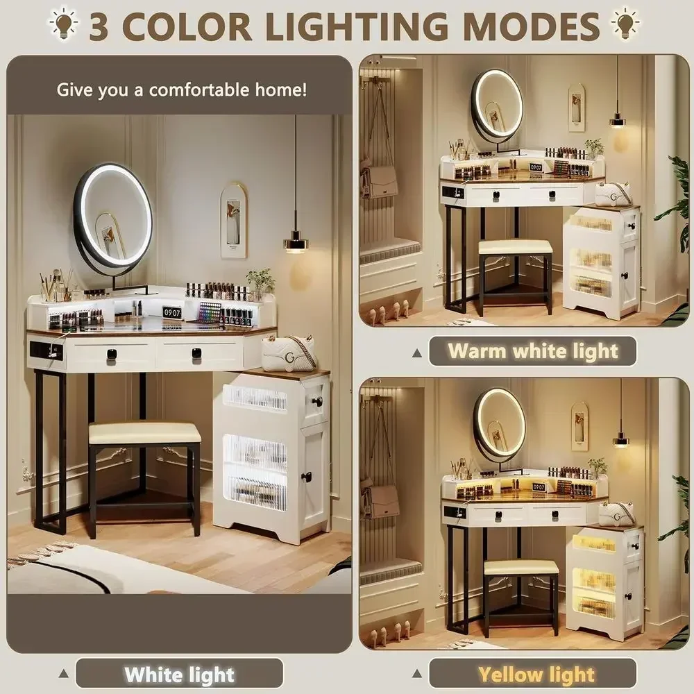Illuminated Vanity Set with Mirror, Lights, and Charging Station for Bedroom/Cloakroom, White Glass Top with Drawers and Shelves