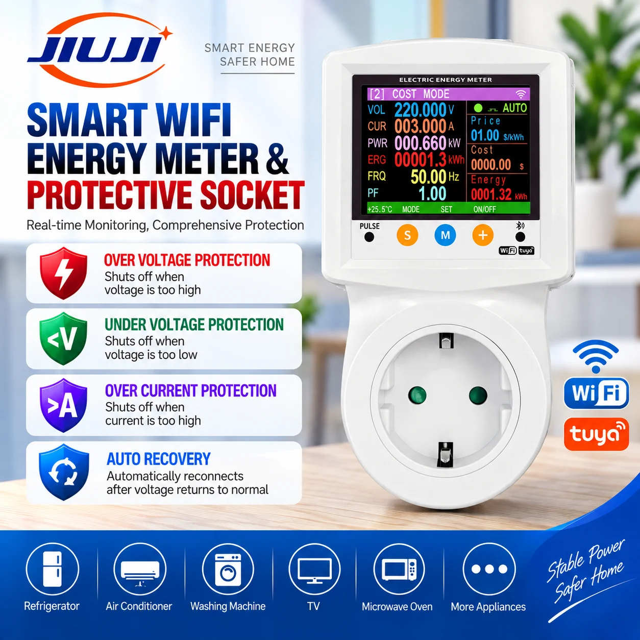 16A Tuya WiFi Smart Socket Energy Meter LCD Voltage Current Power Monitor Over Under Voltage Overcurrent Protector EU UK US Plug