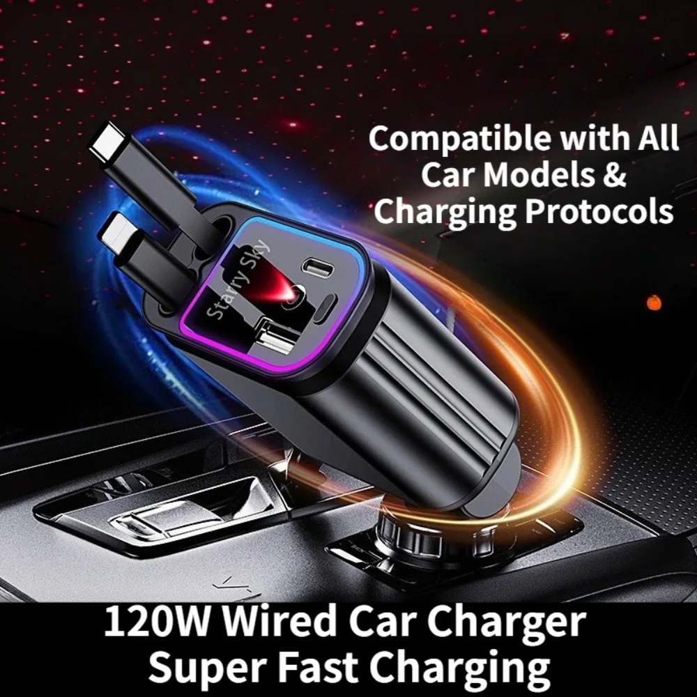 

C3 Super Fast Car Charger Retractable Type C Cable Universal Low Temperature Charging Starry Sky LED Car Adapter 12V 24V Laptop