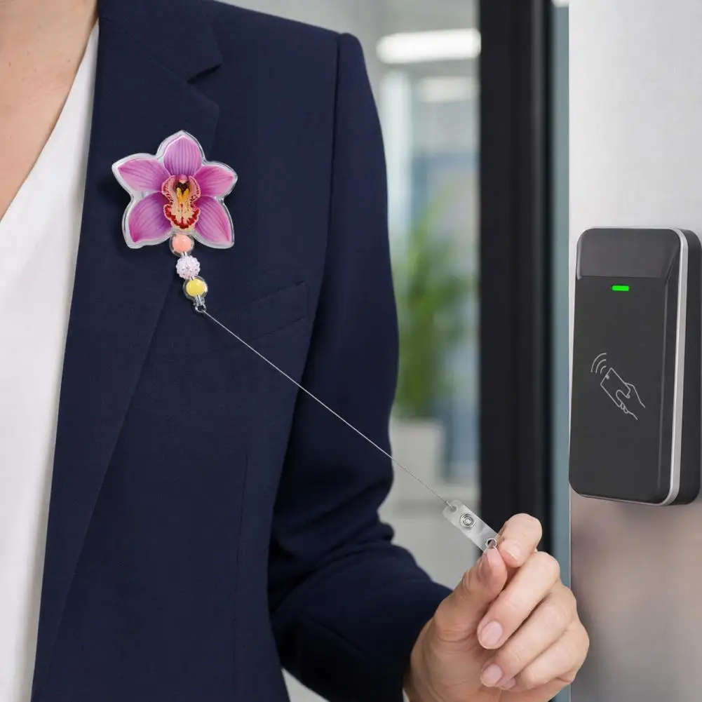 Retractable Badge Holder with Nylon Cord Heavy Duty Retractable Holder Cute Flower Badge Reels with Beaded Charm for Office