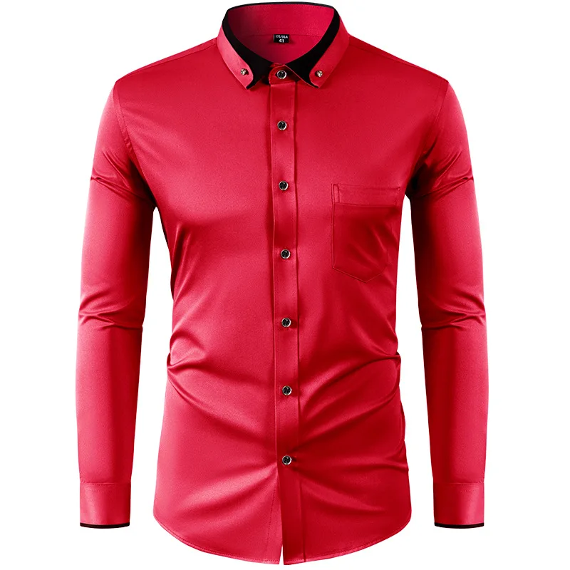 Kong Quelan elastic men's long-sleeved shirt diamond buckle contrast collar design solid color slim men's shirts, men wholesale