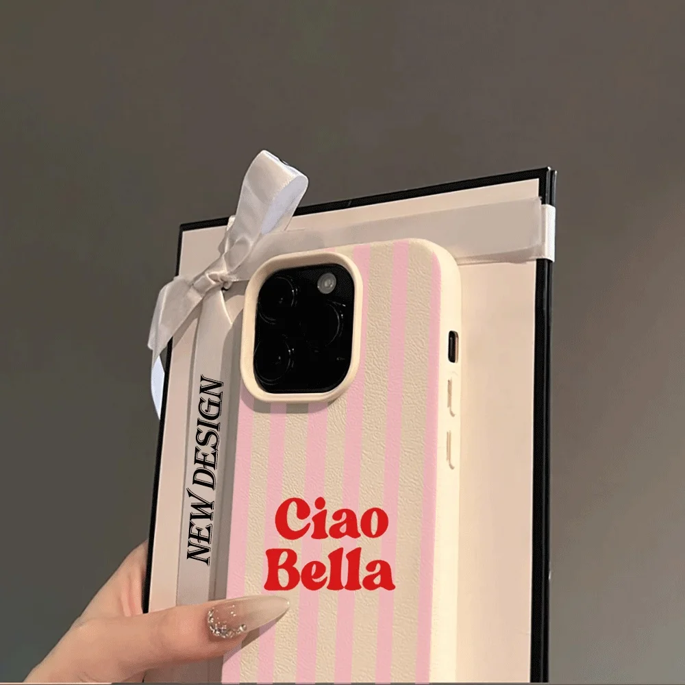Ins Style Ciao Bella Rosa Gestreifte Handyhülle für iPhone 17 16 15 14 13 12 11 Pro Max Plus X XR Silikon Matt Stoßfeste Hülle – Detail 3