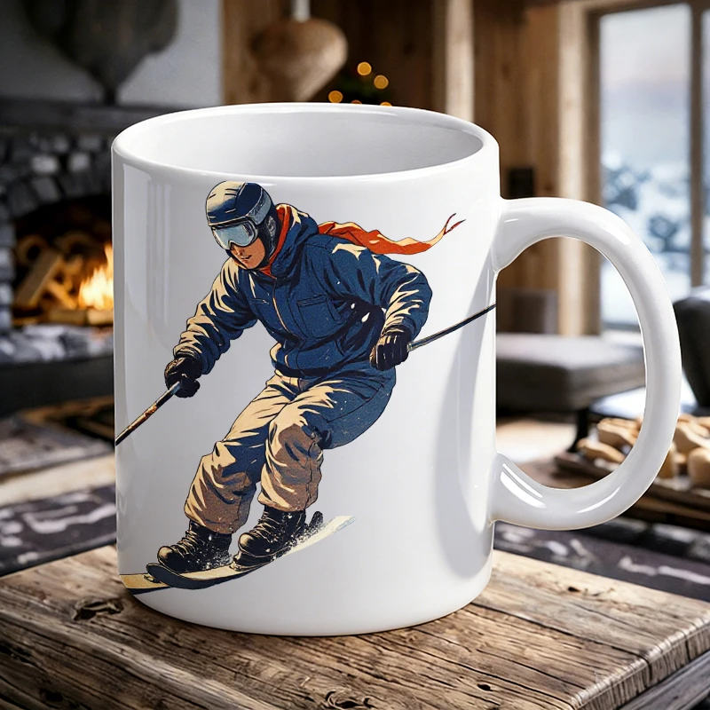 

Vintage Hand-Drawn Ski Illustration Ceramic Mug, Coffee Mug, Milk Cup, Office Tea Cup, Drinking Cup, Gift for Friends