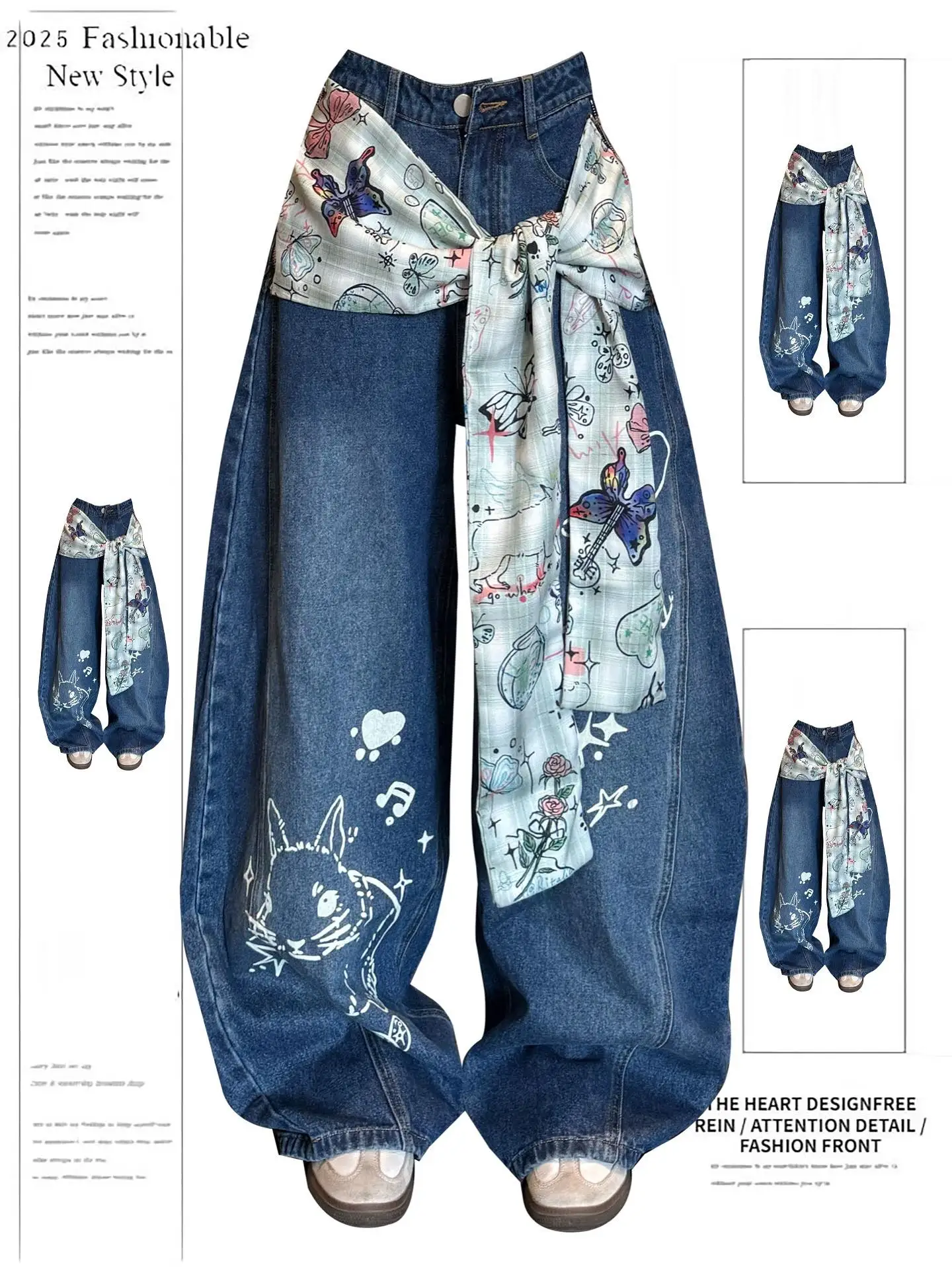 

Y2K Fashion Baggy Pants Women's Cartoon Embroidery Loose Wide Leg Jeans Streetwear Aesthetic Casual Trousers