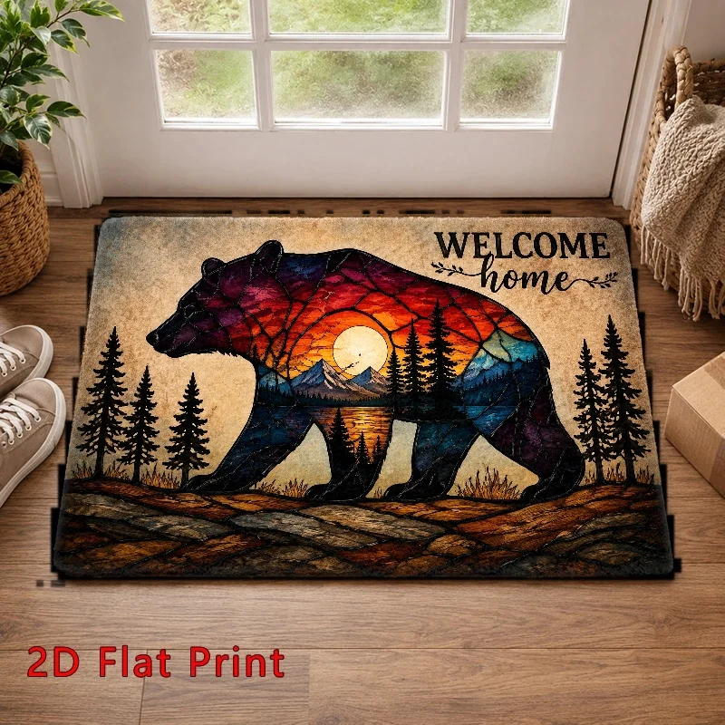 Outdoor Doormat Weightlifting Grizzly Bear Printed Carpet Barbell Kettlebell Gym Fitness Slogan for Entrance Garage Decor