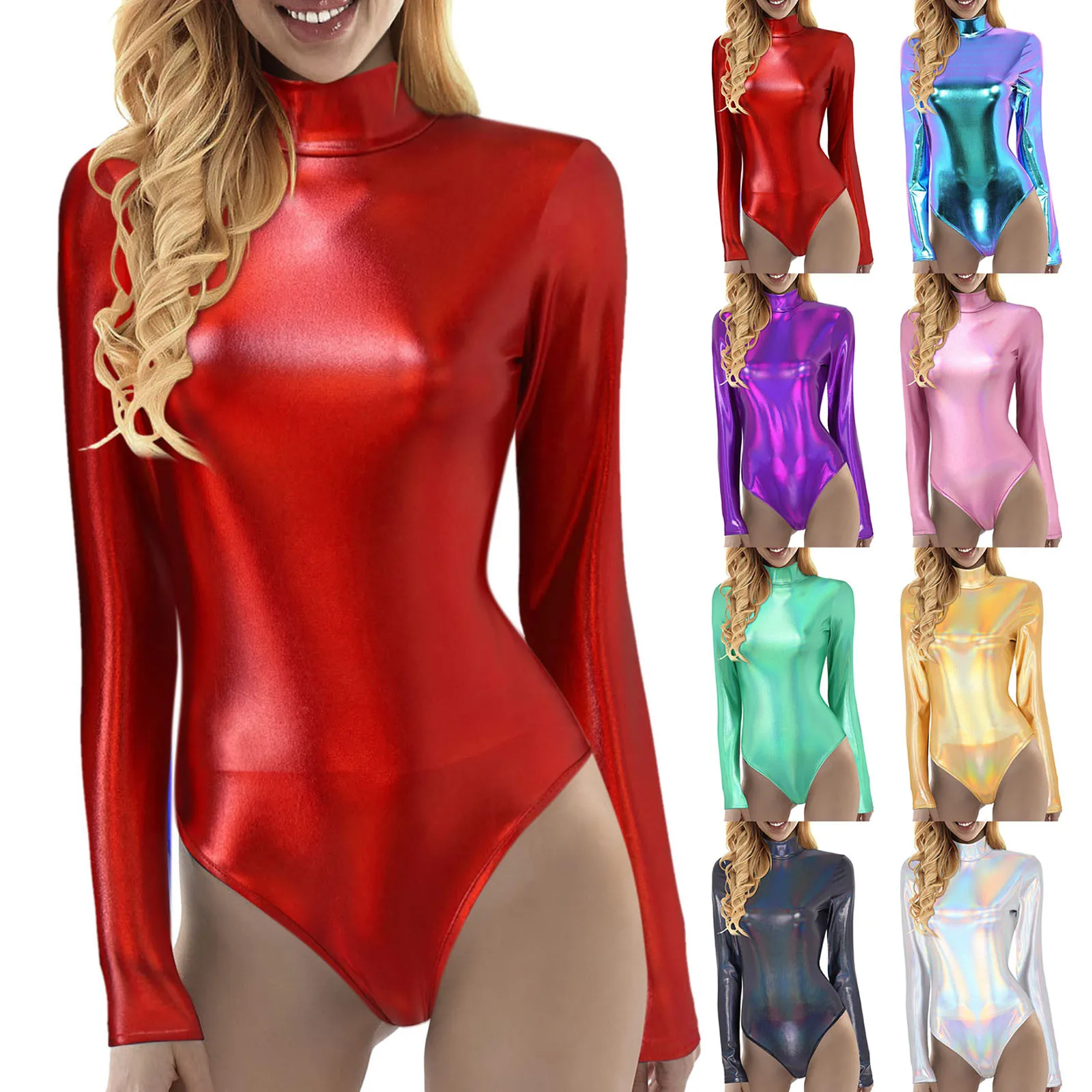 Women Shiny Metallic Jumpsuits 2025 PVC Leather Playuist High Neck Long Sleeve Bodysuit Nightclub Party Pole Dance Costume