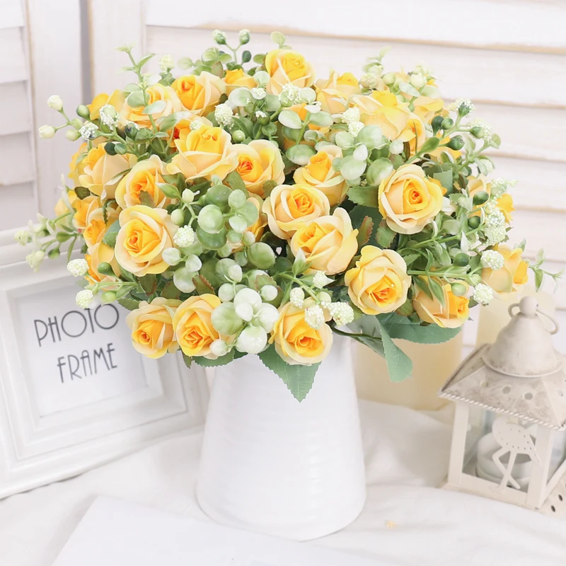 10 Heads Artificial Flower Silk Rose Leaves Bride Bouquet Fake Flower For Wedding Table Party Vase Home Living Room Decoration