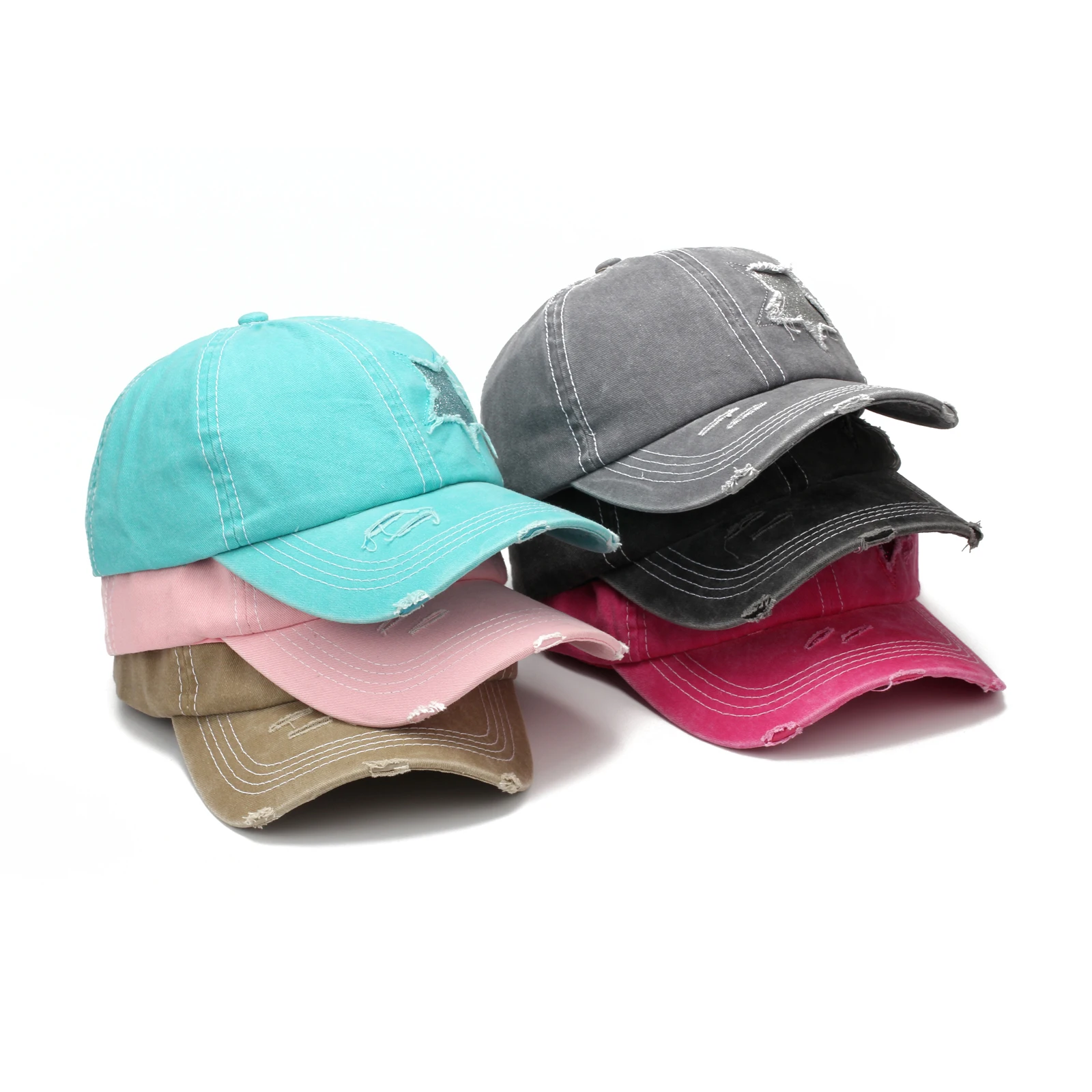 Gorra de poni alta desgastada con estrellas brillantes para mujer, gorro de bola de malla, sombreros de HIp Hop informales ajustables, 6 colores