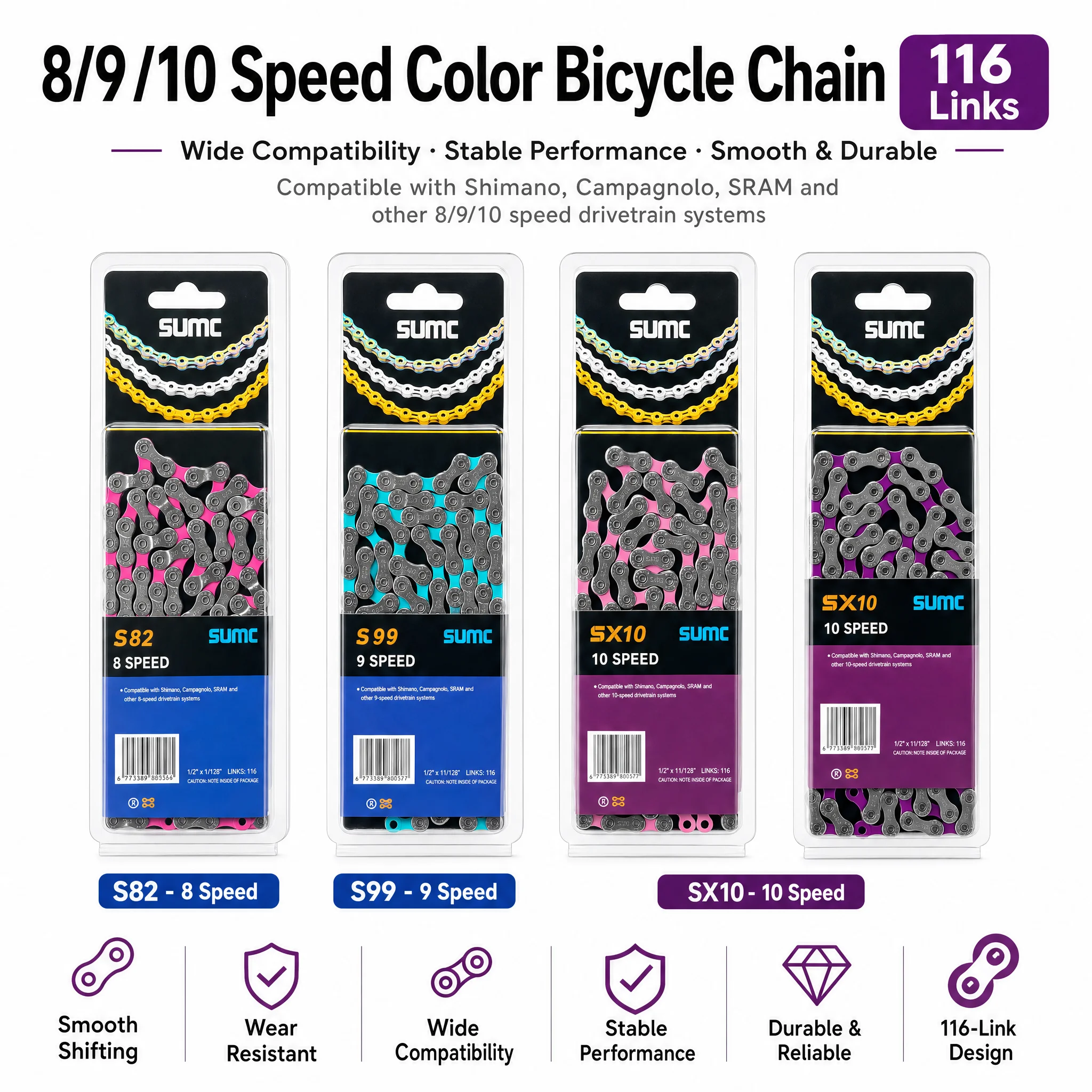 SUMC Crescent Hollow Bike Chain 12-Speed Rainbow Ultralight High Strength Chain for Mountain & Road Bicycles