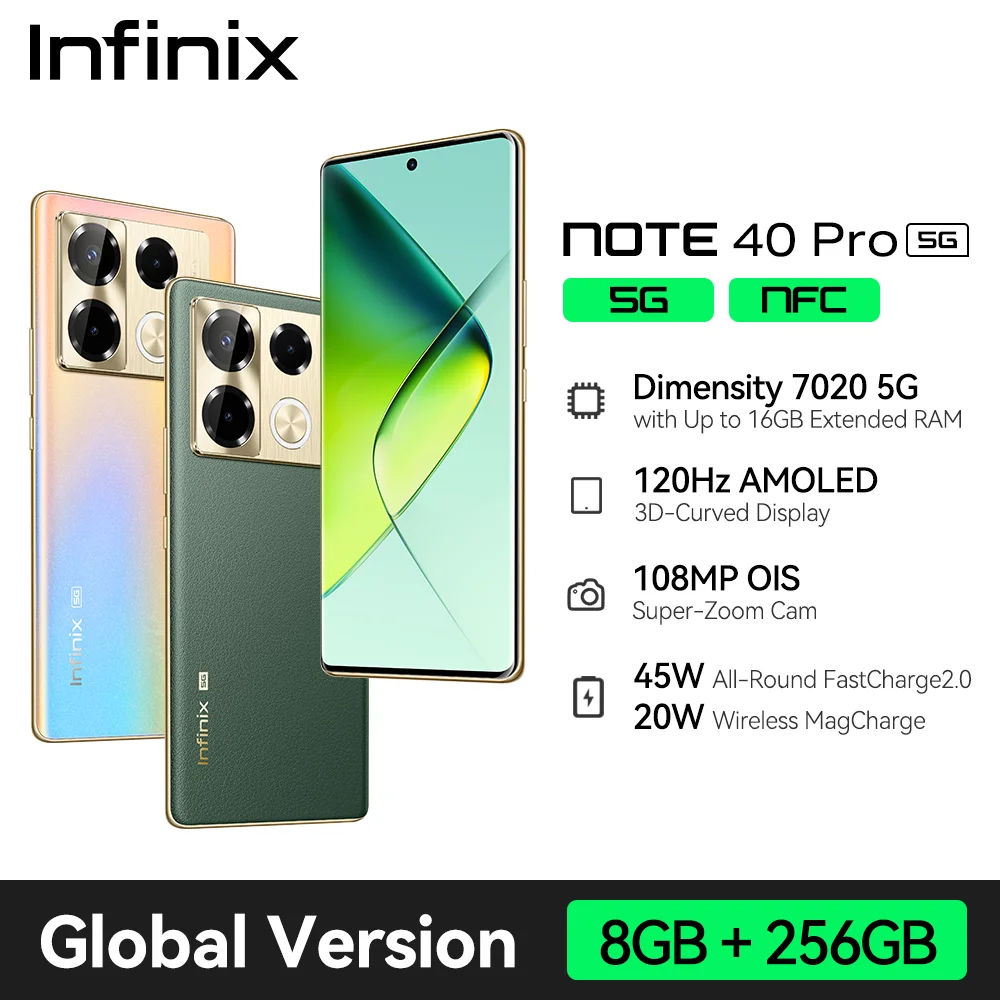 الإصدار العالمي للهاتف الذكي infinix Note 40 Pro 5G بشاشة 6.78 بوصة 120 هرتز AMOLED وكاميرا AI بدقة 108 ميجابكسل وشحن 45 وات وهاتف محمول NFC بسعة 256 جيجابايت