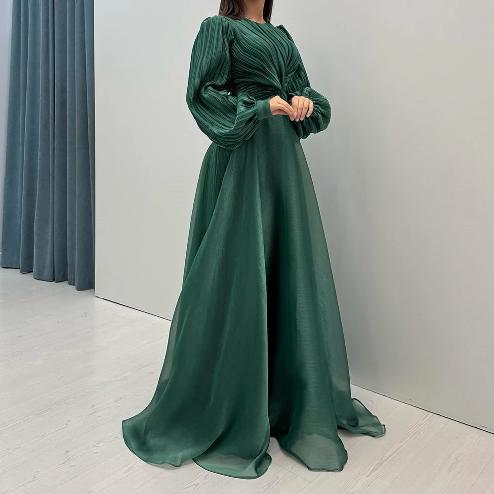 Vestidos de Noche acampanados personalizados, vestido de fiesta de manga larga con cuello redondo hasta el suelo, vestido de fiesta informal drapeado Simple plisado a la moda