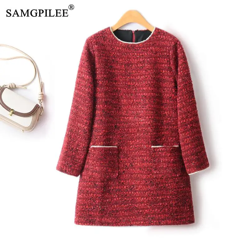 

Elegant And Pretty Women's Dresses 2023 Autumn Winter Fashion O Neck Floral Wool Sweet Patch Pocket Slim Party Female Dress 4XL