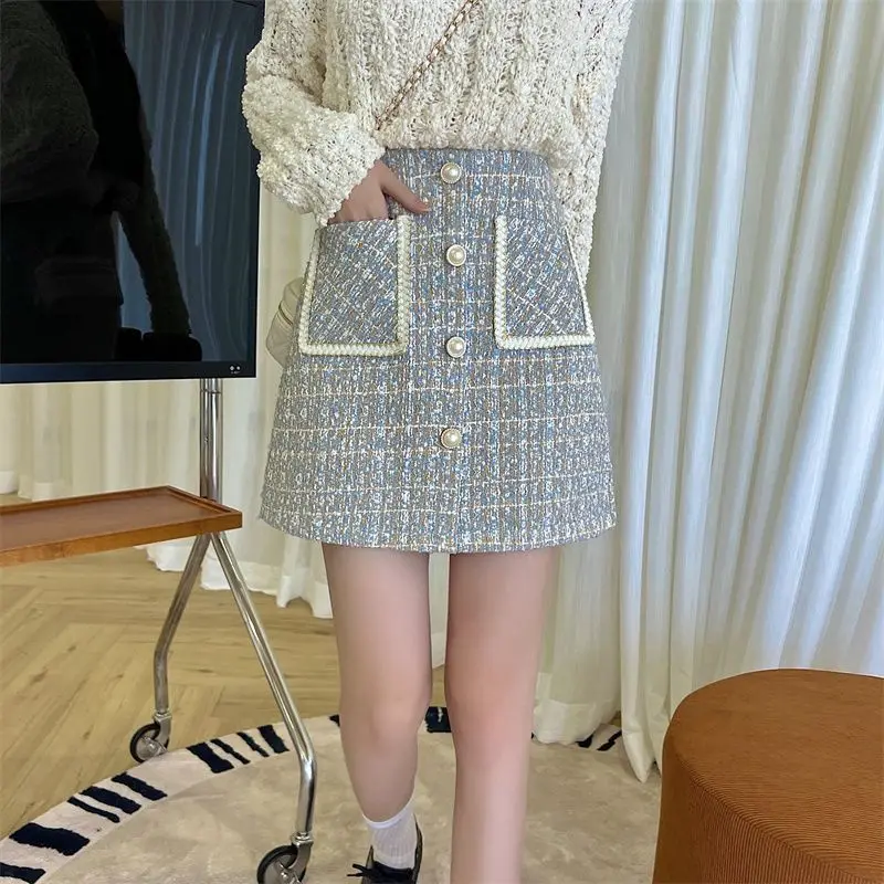 الشتاء تنورة المرأة حجم كبير منقوشة الصوفية ألف خط تنورة قصيرة عالية الخصر سليم صالح عادية موضة أنيقة الخريف الزي القمم #3