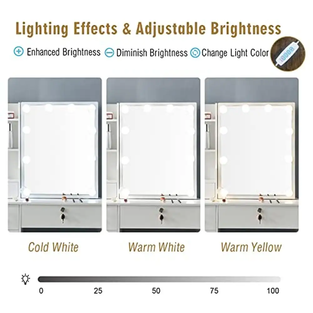 LED Lighted Mirror Makeup Vanity Table Dresser Set with Chest Storage & 3 Color Modes Modern Design Bedroom or Dressing Area